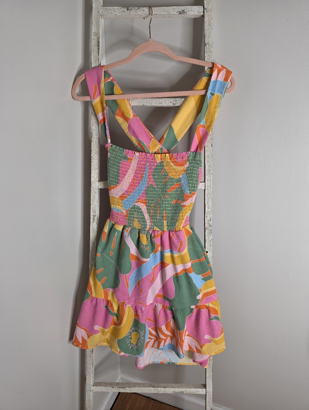 Show Me Your Mumu Women's Large Collins Mini Dress Smocked Tropical Pockets